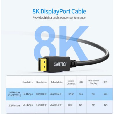 Cable displayport dp choetech 2m 8k 4k 2k up to 165hz hdr dsc 1.2 32.4Gbps xdd01 xdd-01 - kabel display port 2 meter