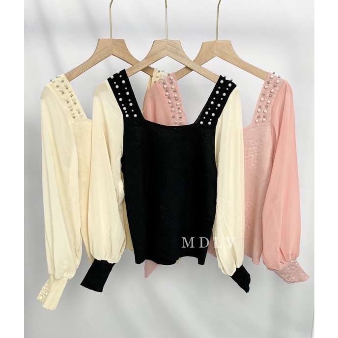 MDLV ~ 13508 Josella Knit Top Atasan Blouse Pearl Knit Combi Chiffon Baju Korea Import Fashion Import