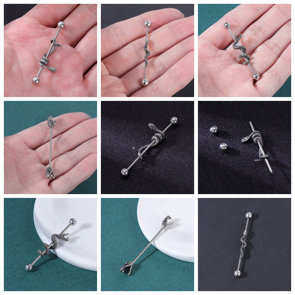 1 PC Anting Tindik Telinga Bentuk Ular Panjang Bahan Stainless Steel Ukuran 1.2 / 1.6mm