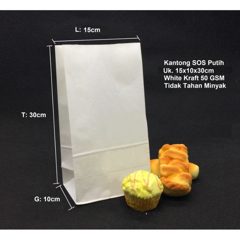 

100 PCS PAPER BAG 15x10x30 cm (L) PUTIH /KANTONG KERTAS L SOS PUTIH POLOS