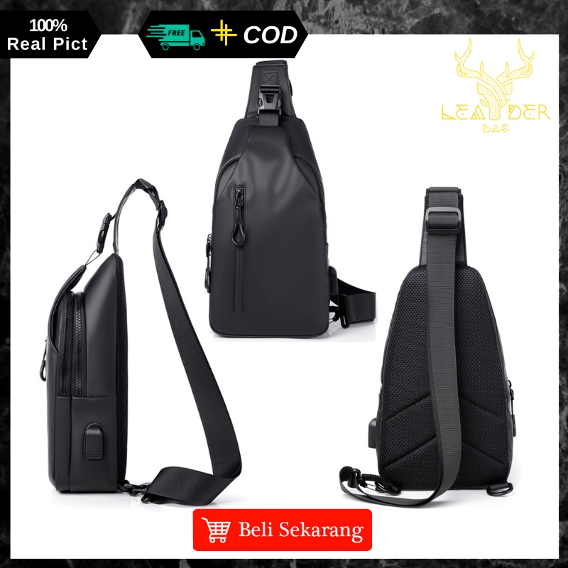 Tas Selempang Bahu Pria Kulit Import Premium Warna Hitam Atau Slingbag Anti Air Original Distro Terbaru 2022 SOLID C19