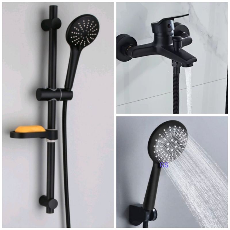 Shower Tiang Stainles Hitam Set - Tiang Shower 3 in 1 Stainles Black - Shower Tiang Kran Bathub Panas dingin Set Shower Tiang Keran Cabang Double 2 lobang