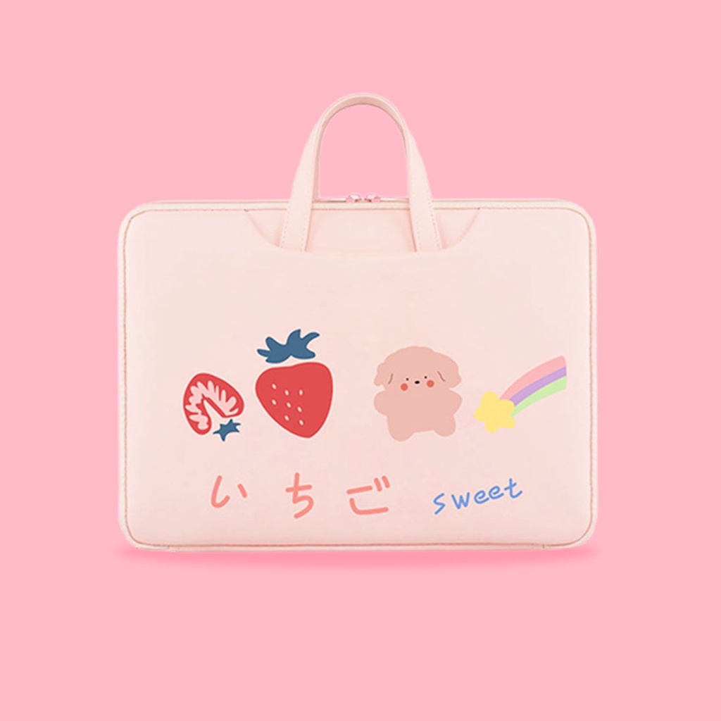 Sleeve Pouch Sarung Tas Bag Case Ipad Tab Tablet Macbook Air Pro Laptop Asus Acer Lenovo HP Huawei 11 12 13 14 15 inch Motif Gambar Rainbow Bear Beruang Warna Pink Lucu Cute Murah Korean Model Jinjing Tali Strap