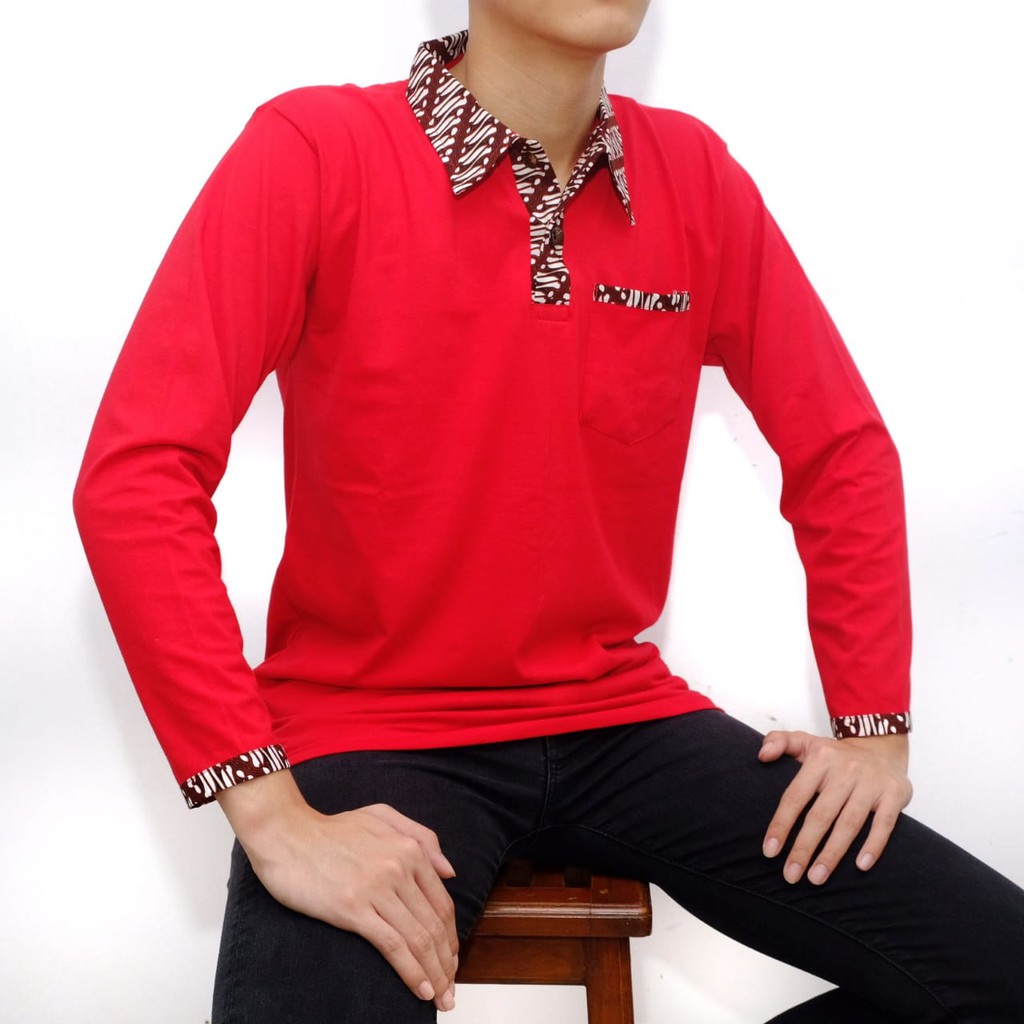 Kaos Krah Polo Batik Pria Lengan Panjang Warna Merah Premium Jabrik Jogja