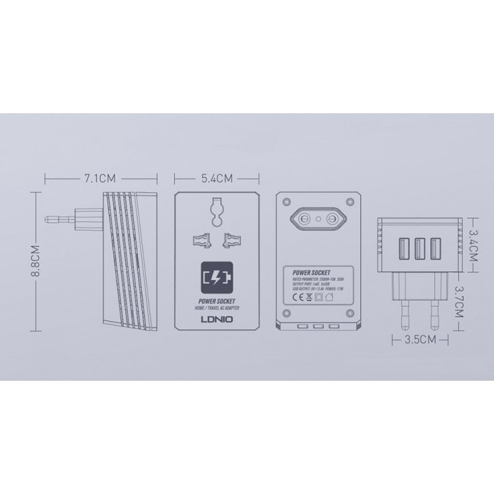 LDNIO A3306 Wall Travel 3 USB Port Charger Max. 3.4A with 1 AC Adapter