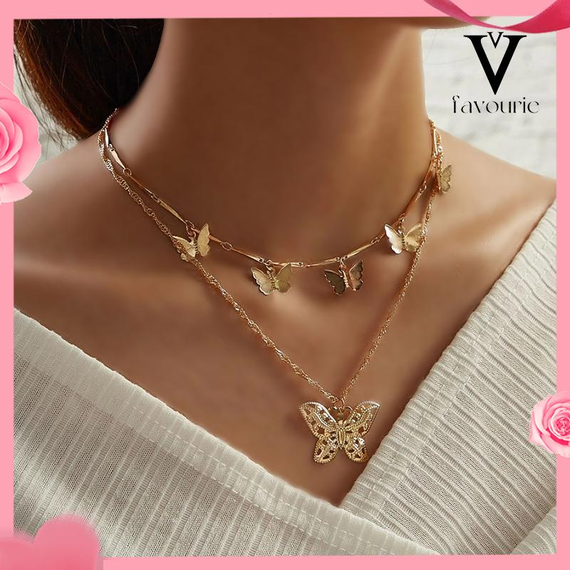 [COD]Liontin Kupu-kupu Kalung Multilayer Kreatif Vintage Alloy Double Layer Necklace-FA