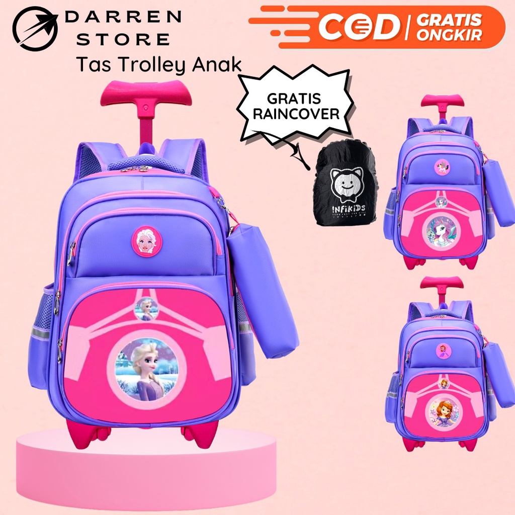 Darren store Ransel Troli Anak Perempuan SD 631 Tas Troly Gambar Timbul Tas Anak Import Free raincover