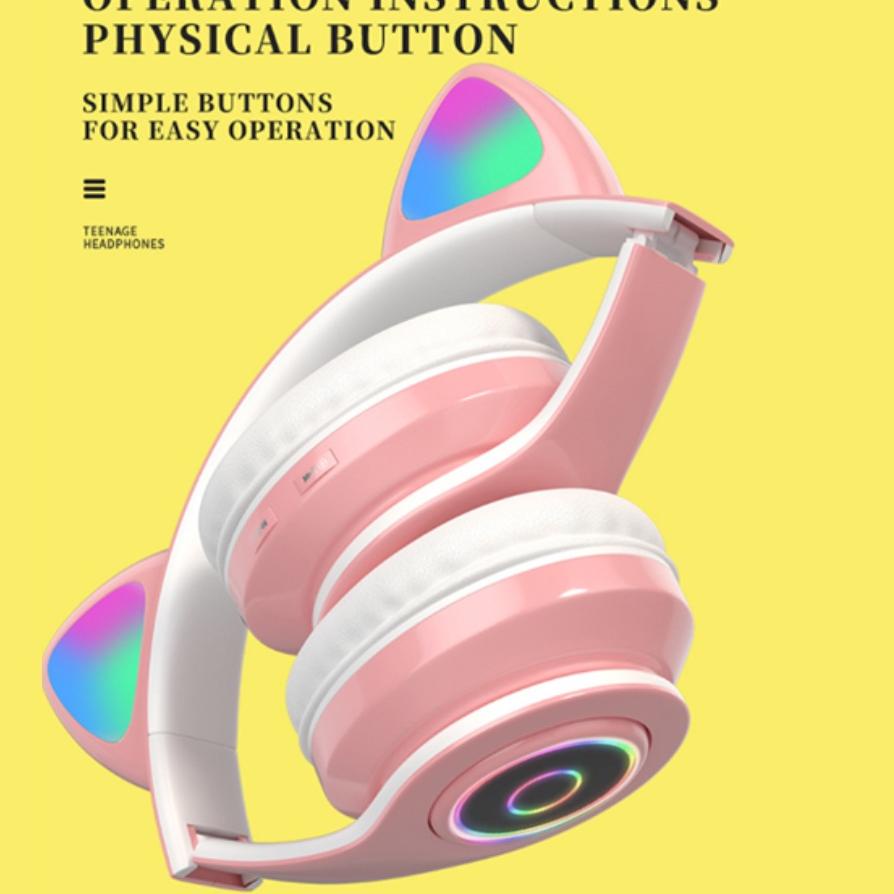 Hot Sell.. Cute Headphone Gaming Bluetooth Wireless Cat Ear Headphone Kucing LED Wireless Stereo Bas