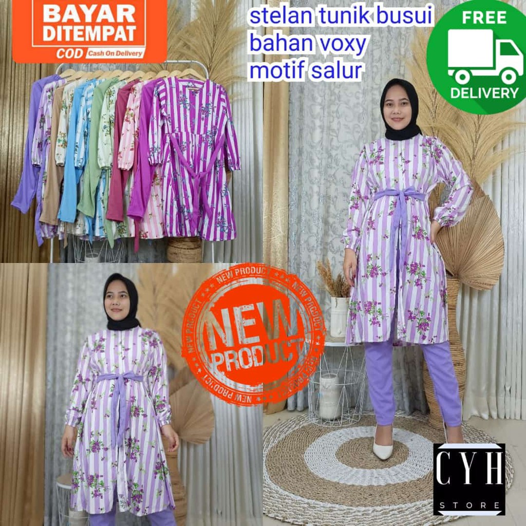 SETELAN TUNIK BUSUI MOTIF SALUR BAHAN VOXY / FASHION MUSLIM / COD / TUNIK / 3417