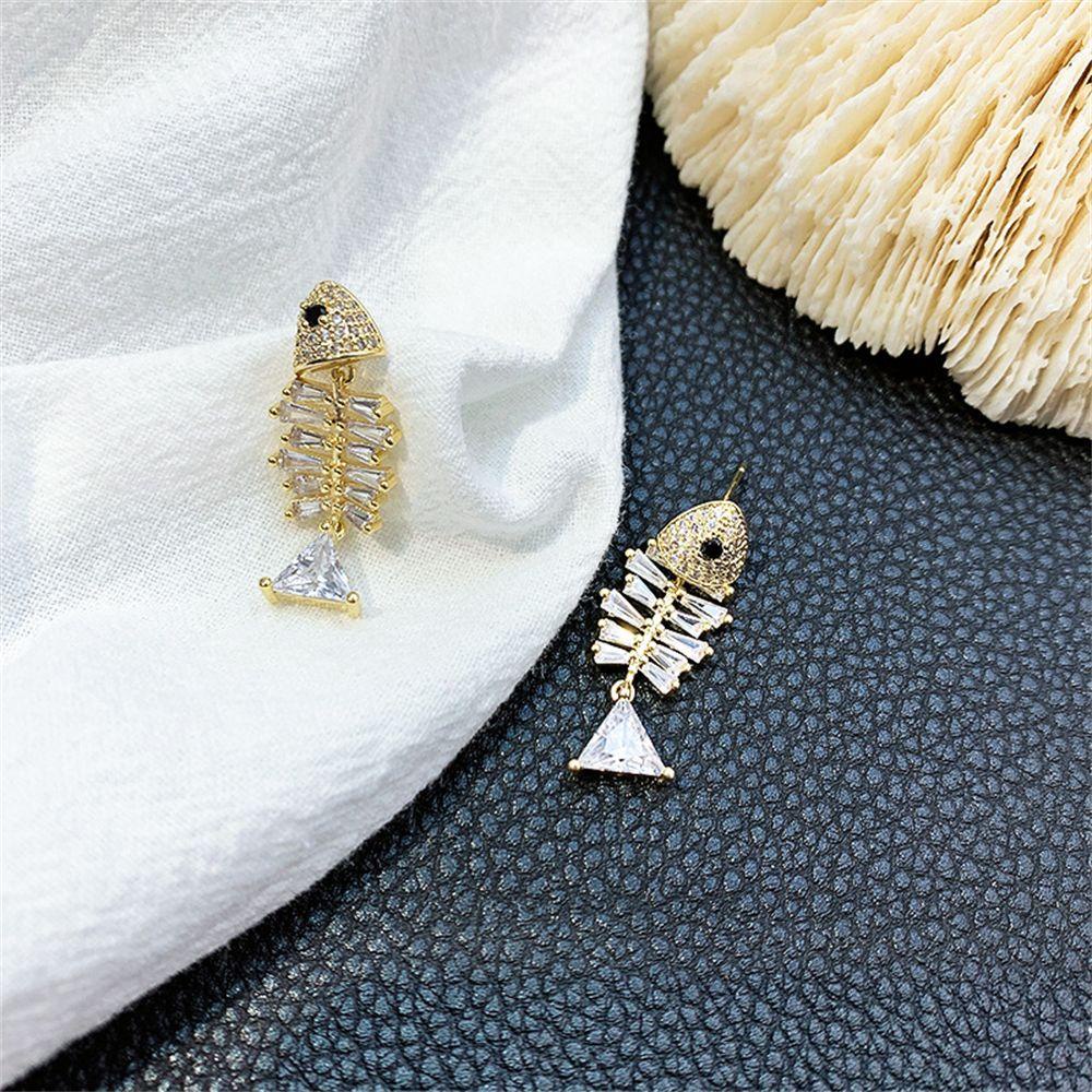 R-flower Fish Earrings Jewelry Anting Pejantan Kristal Elegan Menjuntai Zirkon Klip Telinga