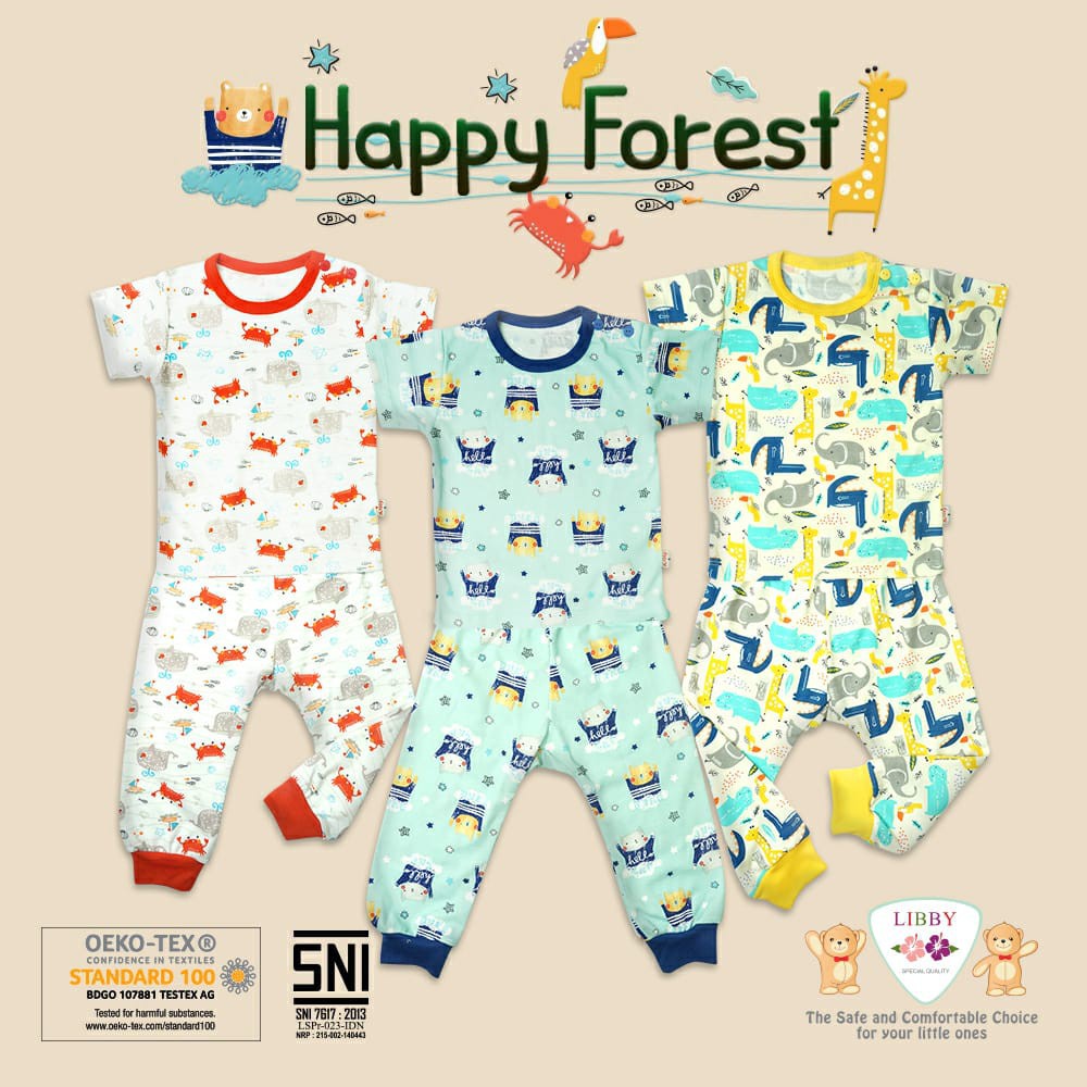 Setelan Baju Bayi Piyama Anak Oblong Pendek Celana Panjang Libby Anak Kecil Happy Forest (1 stel)