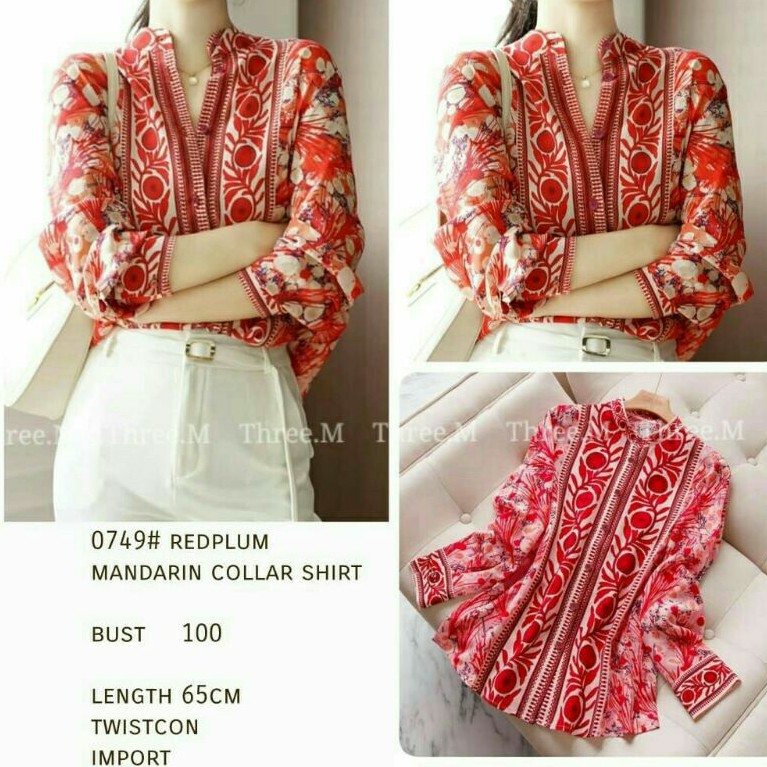 0749;Redplum Baju atasan kemeja blouse mandarin imlek merah Korean style wanita import baju atasan k