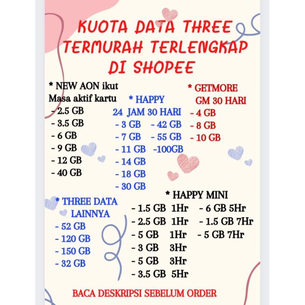 Kuota Tri Murah PAKET DATA TRI HAPPY data AON paket data MINI tri kuota home/tri CINTA 6 & 10/tri LT