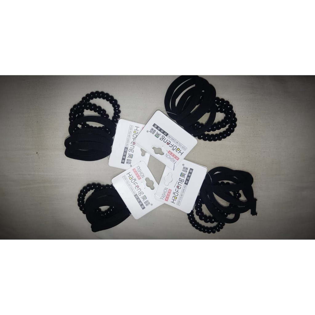 Karet Ikat Rambut Hitam Kombinasi Spiral Kuciran Set Hitam Premium isi 6Pcs-2
