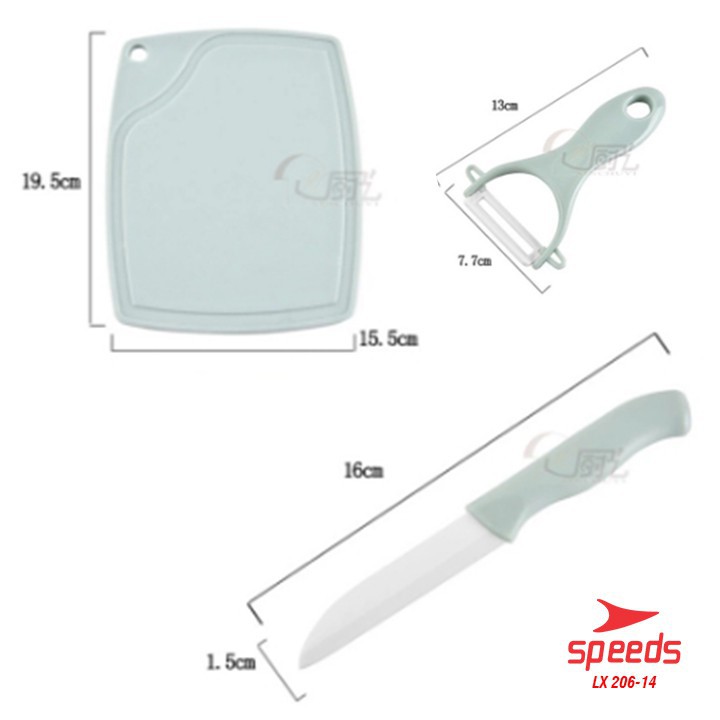 NEW   Alat Dapur Satu Set Pisau dengan Telenan Pisau Keramik 3in1 + Peeler Pisau Set Telenan 206-14