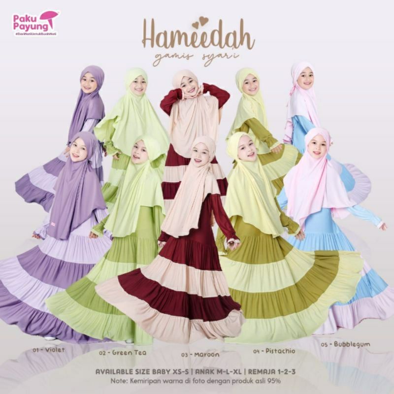 Hameedah Gamis Syari Anak Ori By Paku Payung PPC Terbaru Baju Muslim Set Jilbab Kaos Jersey Adem Siz