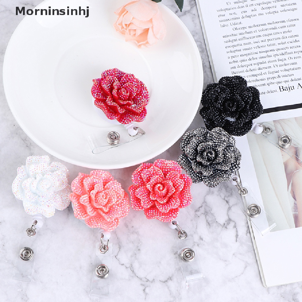 Mornin Klip Holder Kartu Nama / Identitas Retractable Anti Hilang Bentuk Bunga Mawar Bahan Resin