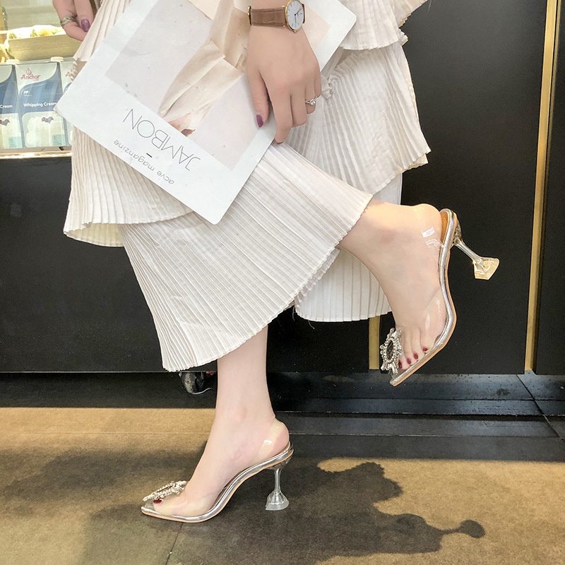 [Import] Taspopo Sepatu Sandal Transparan Heels Mutiara Tinggi Fashion Korea Sepatu Kerja Murah