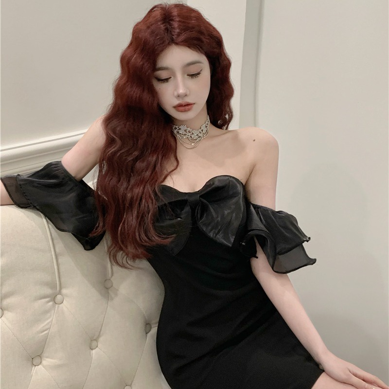 gaun gaya korea off-the-shoulder bengkak tulle bow tube top dress sexy ruffled one-shoulder white ba