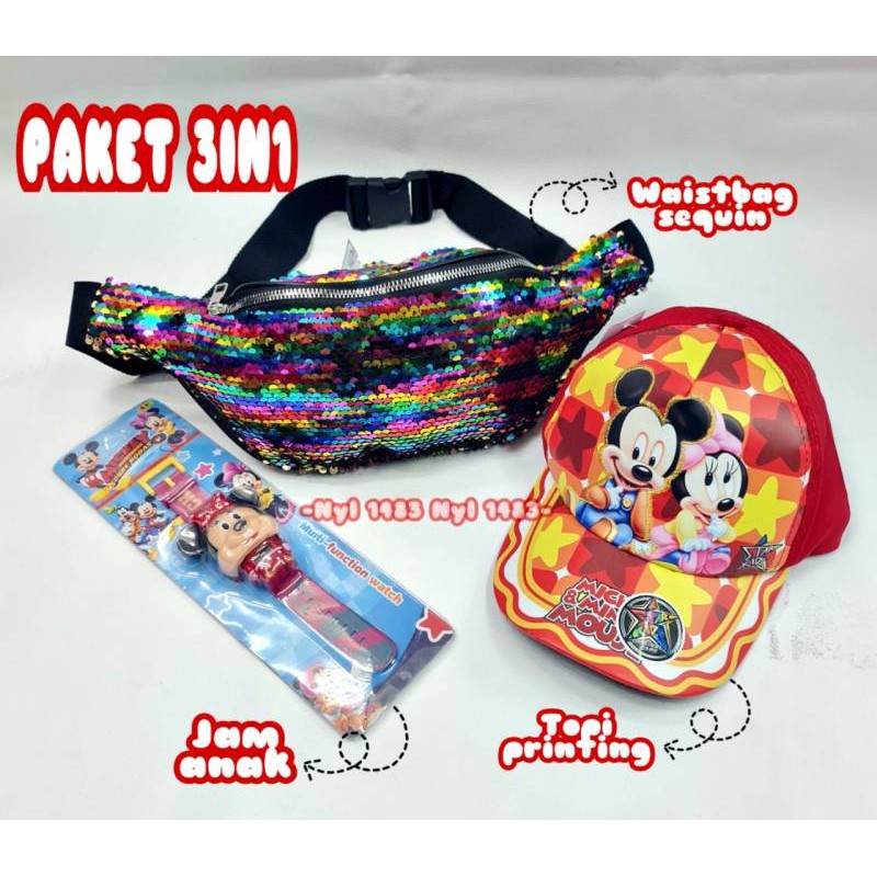 PAKET MURAH 3IN1 WAISTBAG SEQUINN \ TOPI PRINTING \ JAM TANGAN LED ANAK CEWE