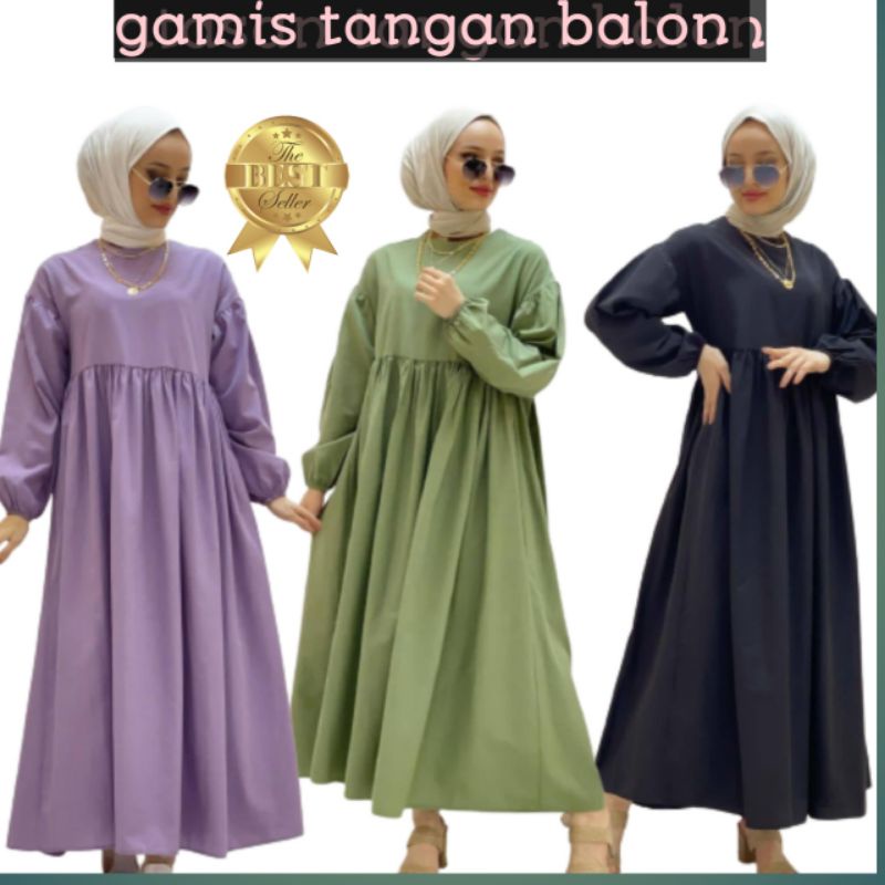 gamis lesty gamis tangan balon lengan kerut panjang