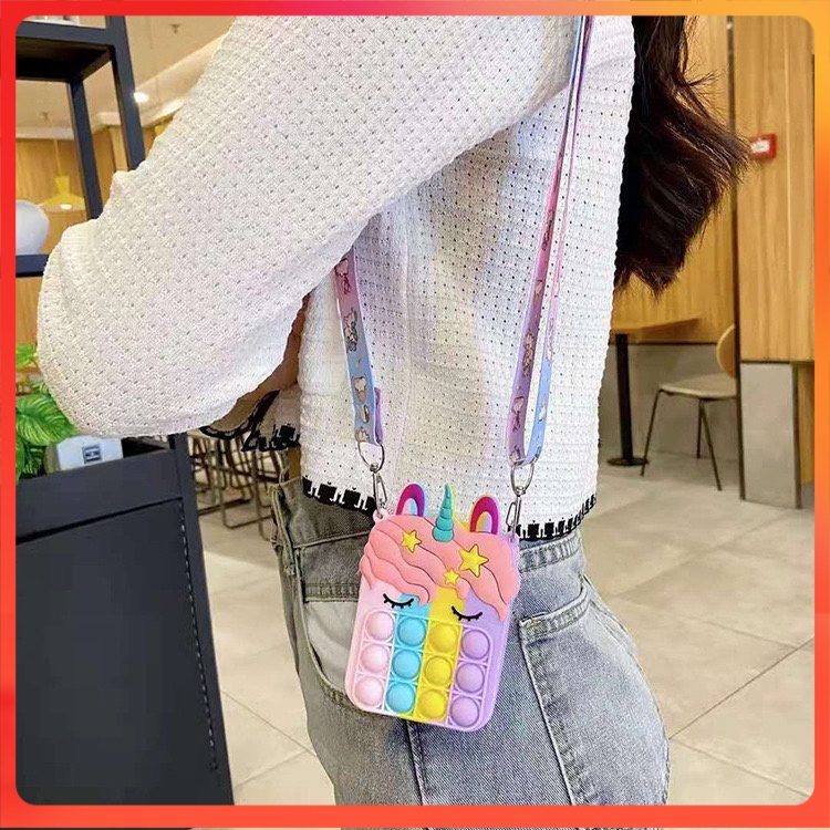 TERDEKAT Tas Pop It Unicorn Kuda Poni Selempang Anak Rubber Gelembung Rainbow Pop It Unicorn Wallet 