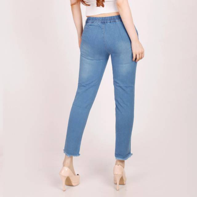 Celana Jeans Kulot Boyfriends Rawis Pinggang karet Import