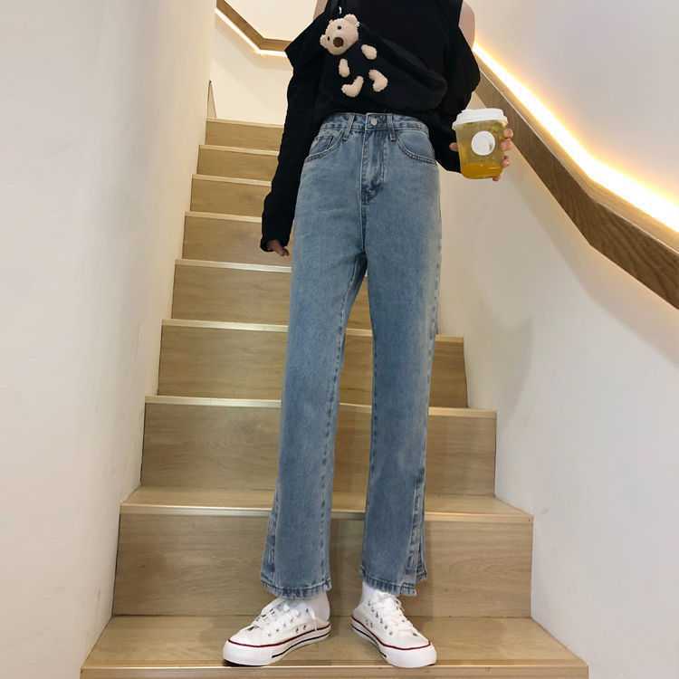 Celana Panjang Korean Stye Celana Fashion Style Ins Retro Pinggang Longgar Split Jeans Lurus Celana Panjang