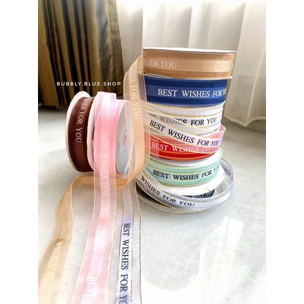 

Pita organza satin 1 inch / 2,5cm tulisan best wishes list emas per meter