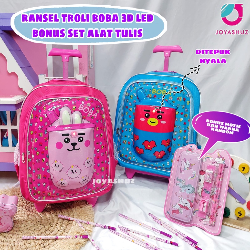 Tas Troli Boba Berbonus - Ransel Troli Boba Anak SD - Tas Troli Sekolah Anak SD  Karakter - Boba Gemes  - Tas Troli Anak Perempuan SD Gratis Botol Dan Misting - Tas Troli Sekolah Anak Perempuan Karakter Lucu - Joyashuz