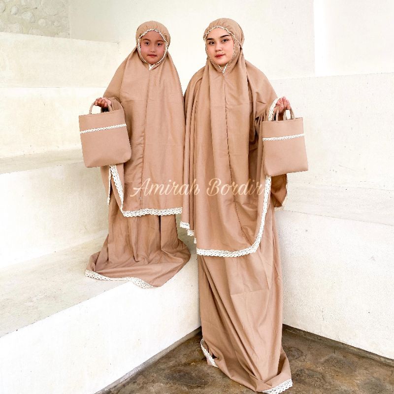 MUKENA COUPLE / MUKENA SARIMBIT MURAH KATUN POLOS RENDA RAJUT DEWASA ( IBU) &amp; ANAK ( 1,5 TAHUN - 16 TAHUN)