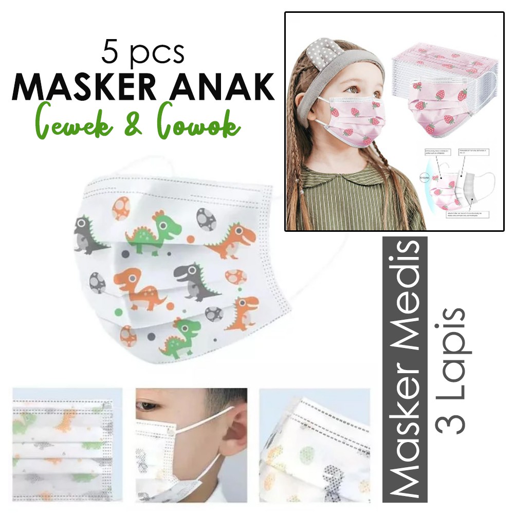 5 pcs KIDS DISPOSABLE PROTECTIVE FACE MASK BOY &amp; GIRL 3 ply - Masker Anak Cewek Cowok Motif Lucu chn