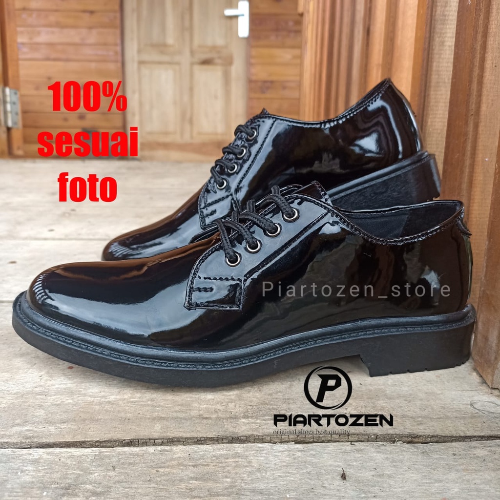 Sepatu dinas pdh pria jatah model pendek hitam kilap security tni polri murah model gibson kulit sintetis