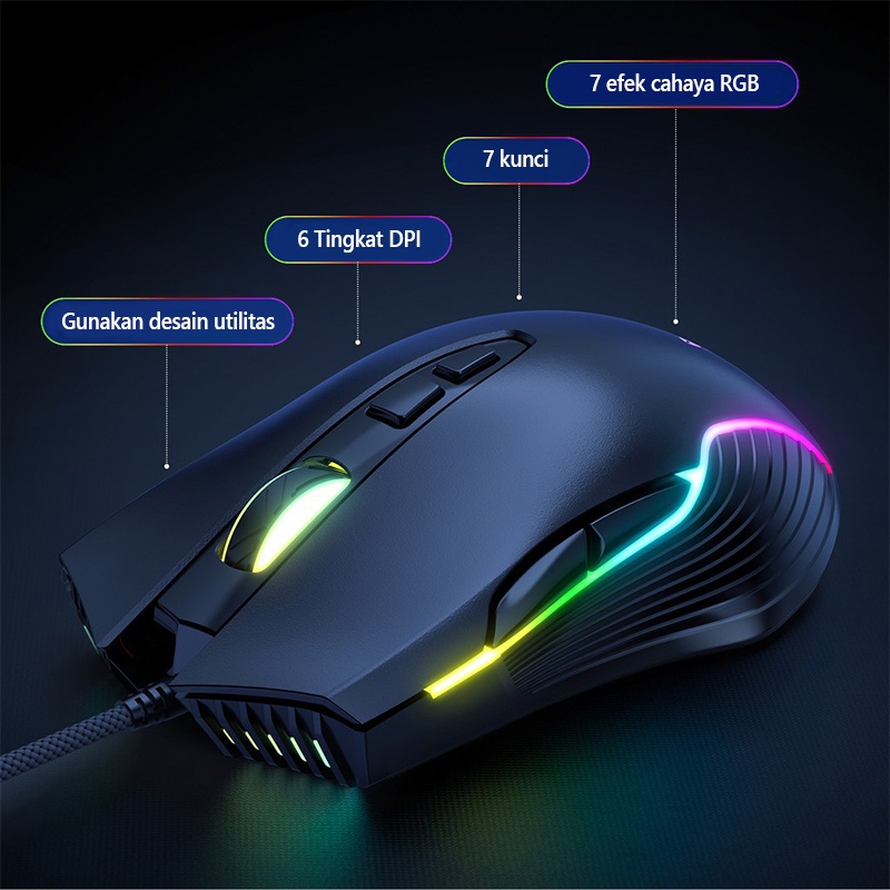 Onikuma CW905 Hitam RGB Wired Gaming Mouse USB Game Mice 7 Tombol Desain Pernapasan Warna LED