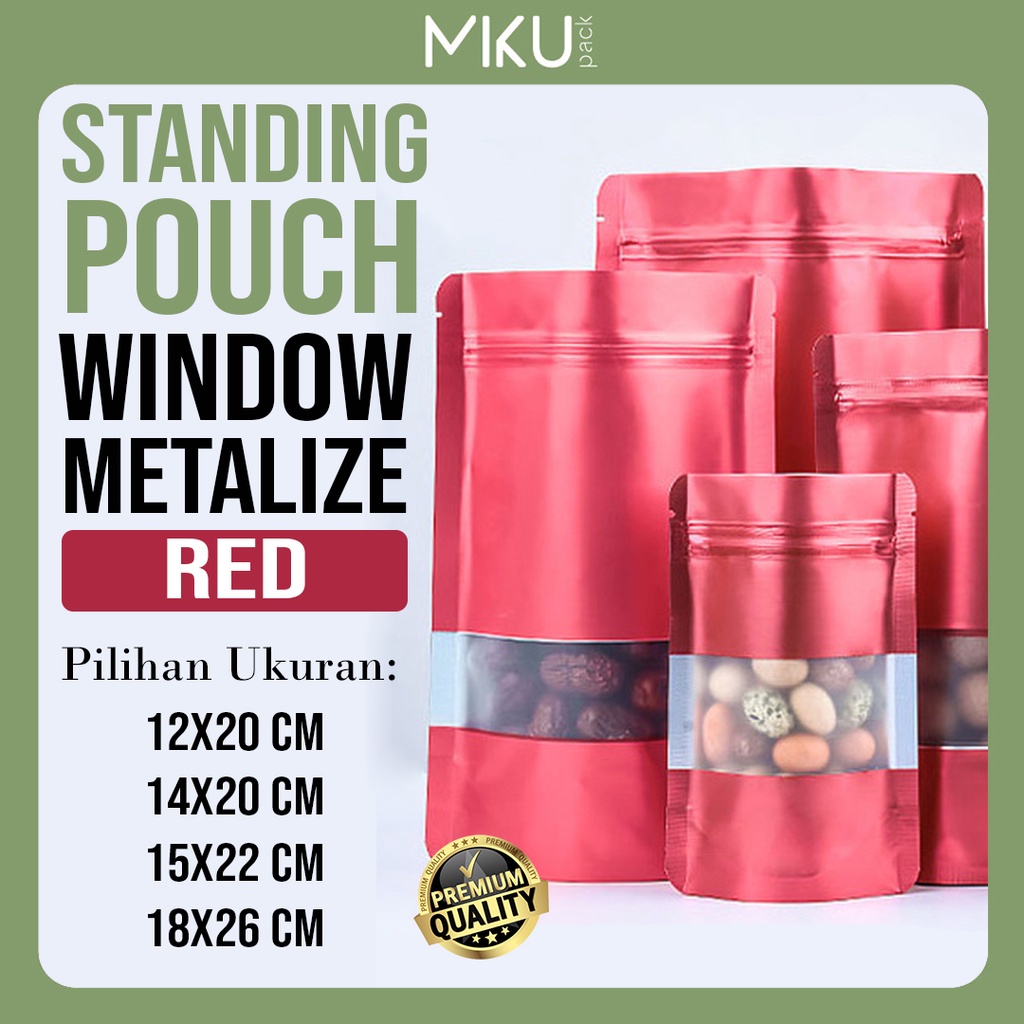 MIKUPACK Satuan Standing Pouch Window Matte Metalize Plastik Klip Kemasan Makanan – Red (Satuan)