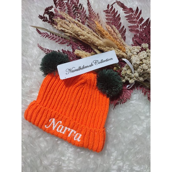Kupluk Pom Pom Bayi GRATIS Custom Bordir Nama Usia 0-4 Tahun