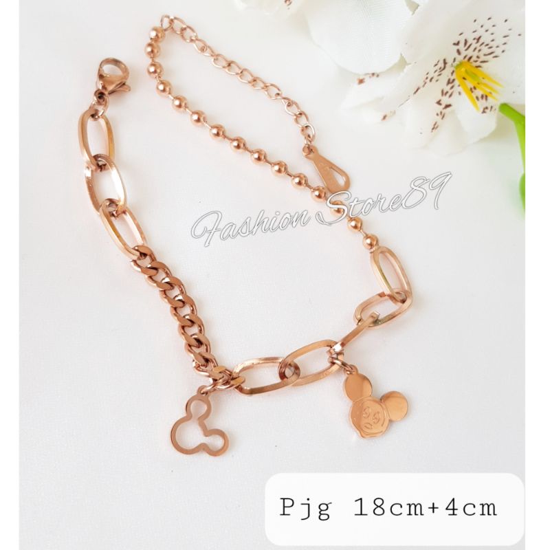 Gelang Mickey Titanium Rosegold Rantai Kombinasi Fashion Impor Antikarat Bestquality