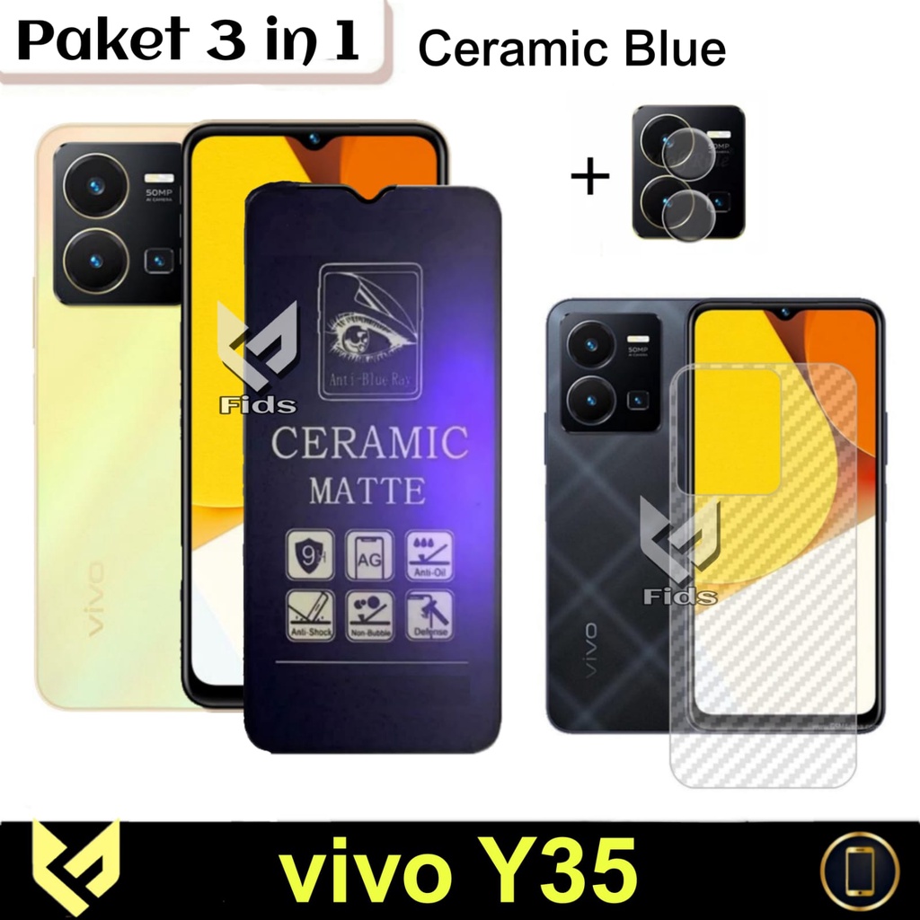 NEW PROMO Paket 3IN1 For VIVO Y35 2022 / VIVO Y16 2022 / VIVO Y22 2022 Anti Gores Layar Ceramic Anti Blue Free Lens Camera &amp; Skin Carbon Anti Gores Jamur Body Belakang Handphone