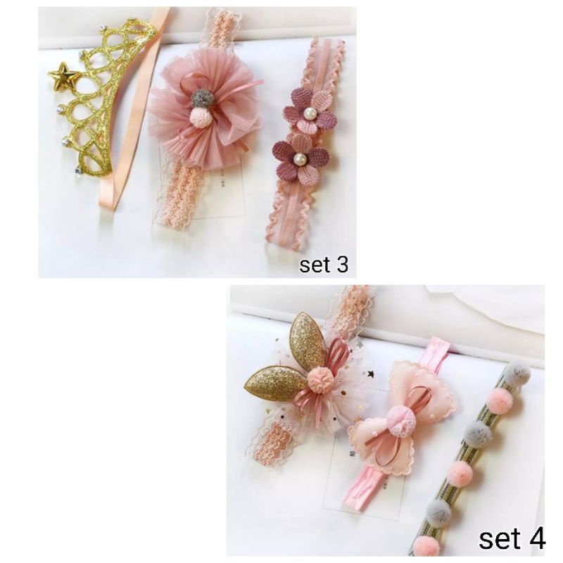 Babygwenshop Bisa COD Bandana Set 3 pcs untuk Bayi dan Anak 0-4 tahun Headband Bunga dan Mahkota