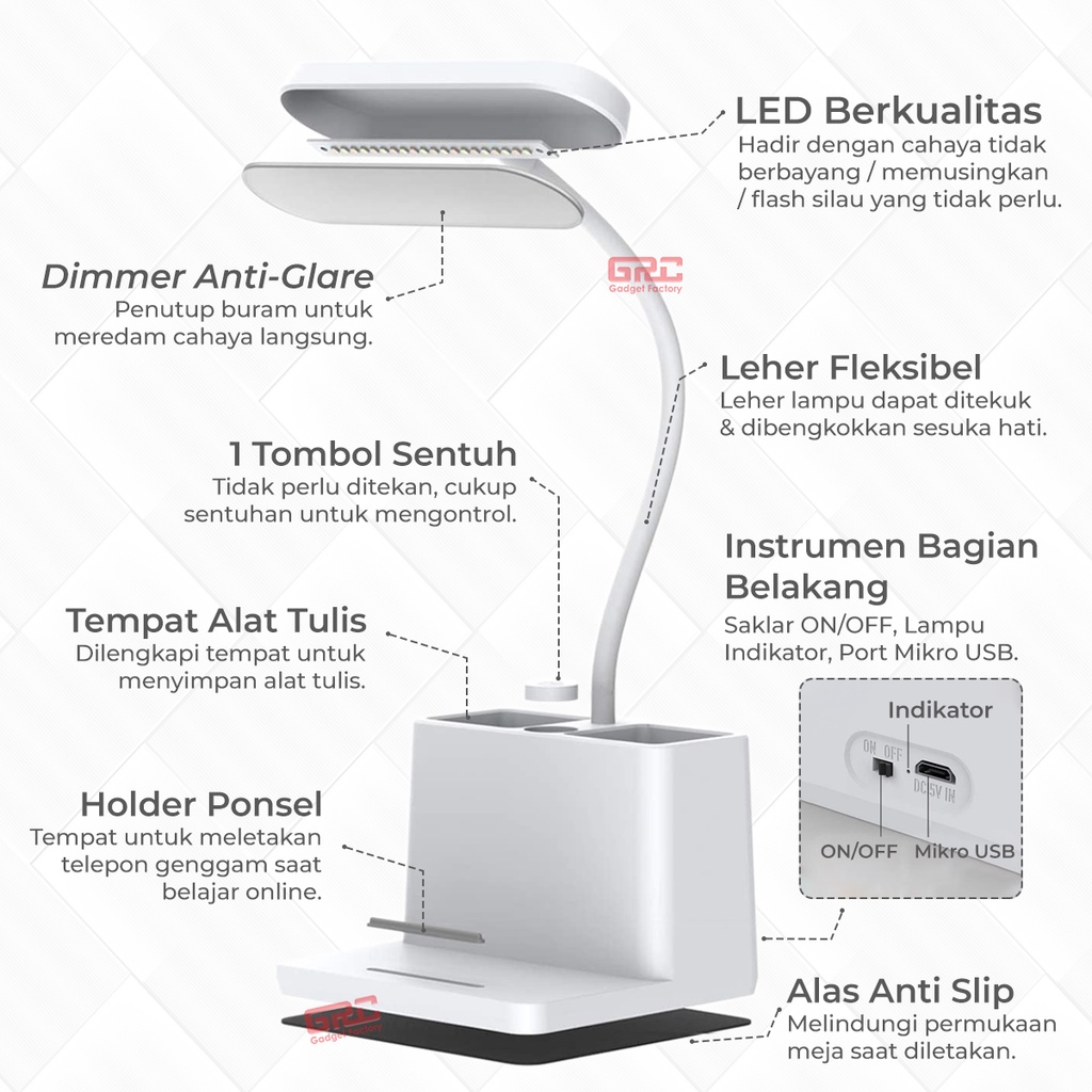 Lampu Meja Belajar LED Portable Lampu Baca Flexible Tempat Pensil