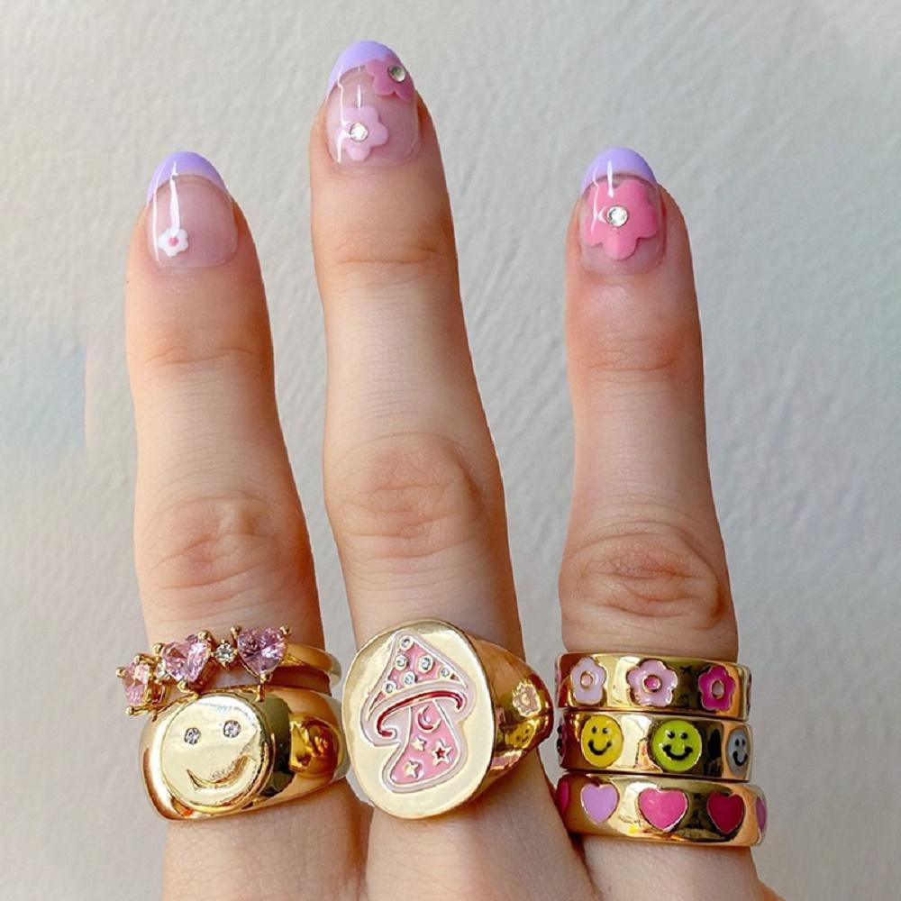 Needway Alien Face Rings Keren Geometris Enamel Gadis Zirkon Kristal Perhiasan Fashion