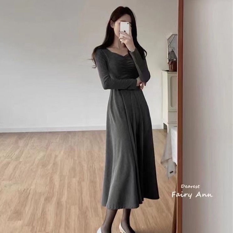 korean style pure desire French dress long sleeve V-neck waist-slimming long dress