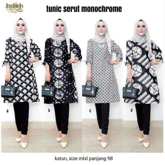 Tunik Serut Monochrome Motif Wanita Batik Modern Formal Murah Premium Monokrom