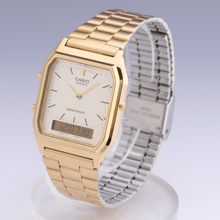 jam tangan wanita emas girly gold casio AQ 230GA-9d original dual time