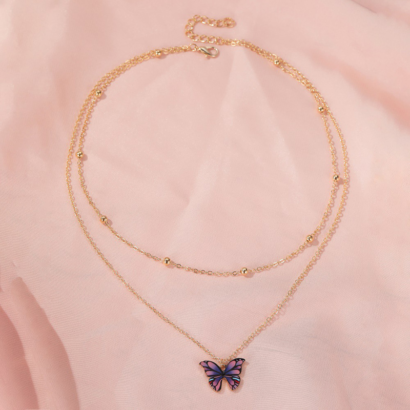 Retro Double Layer Bead Butterfly Necklace Dreamy Color Butterfly Clavicle Chain Ins Fashion Female Jewelry