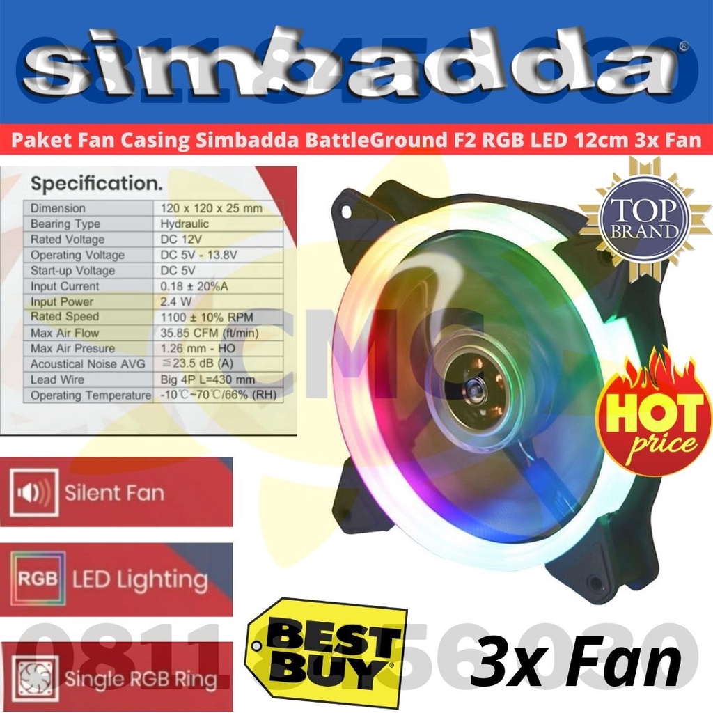 Paket Fan Casing Simbadda BattleGround F2 RGB LED 12cm 4x Fan