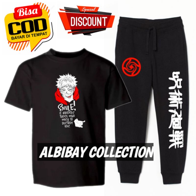 kaos jujutsu kaisen set celana jogger anak