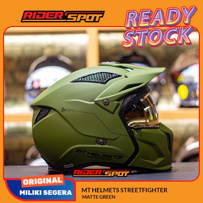 Helm Motor MT Helmet Streetfighter Matte Green Crossover Pilot Helmet Original