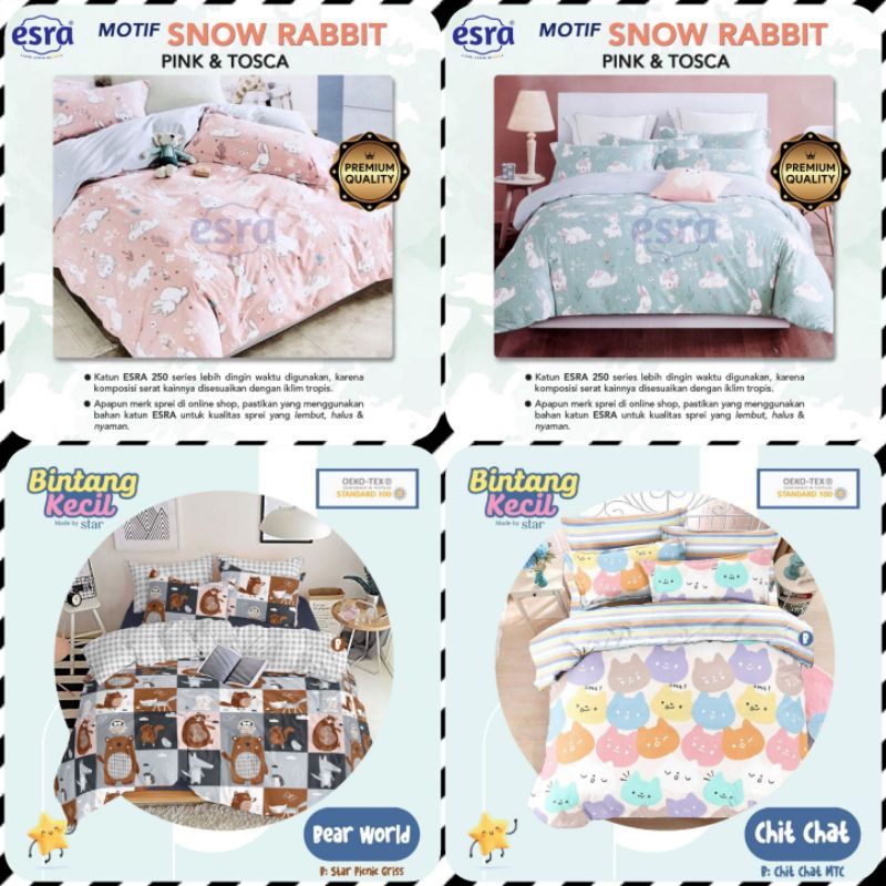 SPREI SEPREI SEPRAY MURAH KATUN CVC LOKAL MOTIF ANAK KARAKTER SNOW RABBIT SINGLE DOUBLE QUEEN KING B