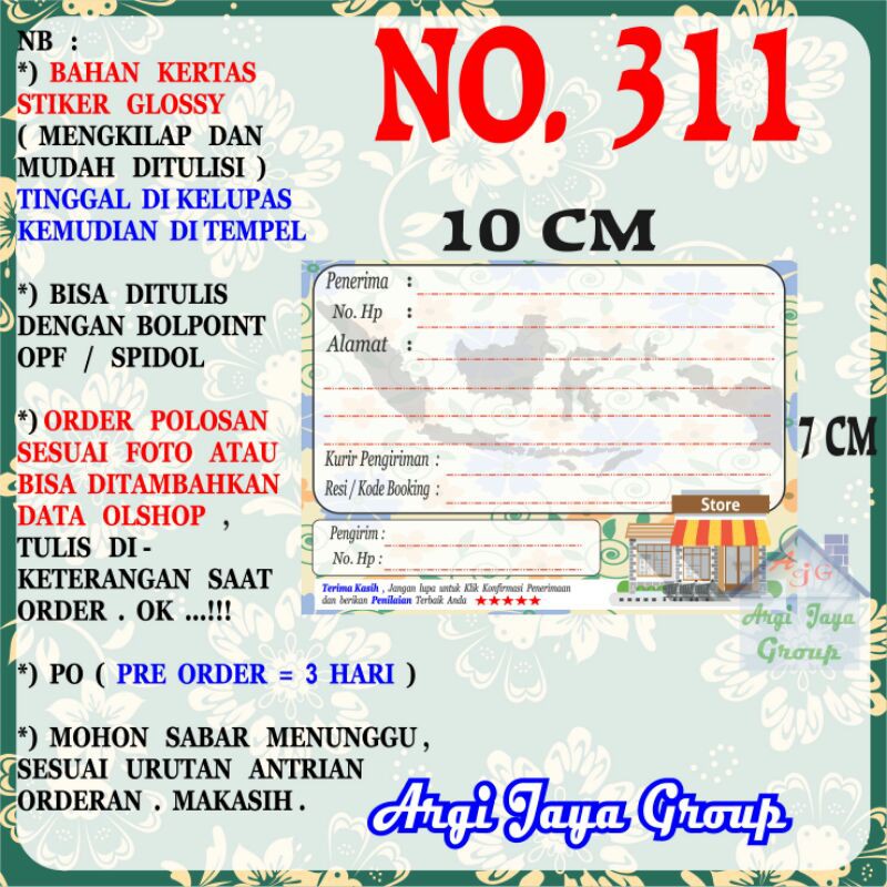 

Stiker Pengiriman - Sticker Alamat Olshop Murah Nomer 311 - 10x7 cm - Glossy
